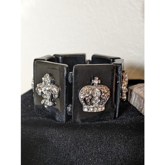 Chunky Black Stretch Rhinestone Crown Bracelet - Picture 2 of 10